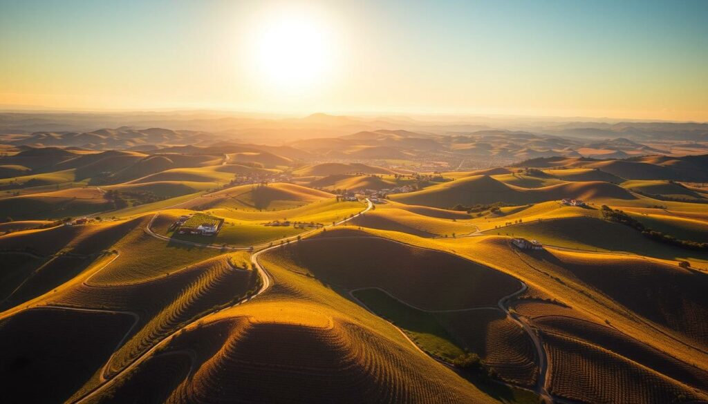 A scenic aerial view of eight distinct DOC subregions in the Alentejo, Portugal. The lush, rolling hills are painted in shades of green, gold, and ochre, with winding roads and patchwork vineyards connecting the quaint villages. In the distance, the sun casts a warm, golden glow over the expansive landscape, hinting at the abundant sunshine that nourishes the renowned Alentejo wines. The composition is balanced, with a sense of depth and scale that conveys the vastness of this storied winemaking region. The image is captured through a wide-angle lens, providing a comprehensive perspective of the DOC subregions and their unique terroirs.