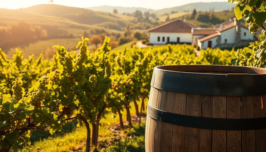 A sun-dappled vineyard nestled in the rolling hills of northern Portugal, the lush green vines heavy with clusters of plump, translucent grapes. The scene is infused with a gentle, golden light, casting a warm, inviting glow. In the foreground, a weathered wooden barrel stands, its surface worn and textured, a testament to the region's long winemaking tradition. In the distance, a traditional stone winery building, its whitewashed walls and terracotta roof tiles reflecting the vibrant, verdant landscape. The overall atmosphere is one of rustic charm, echoing the fresh, vibrant character of the Vinho Verde wine itself.