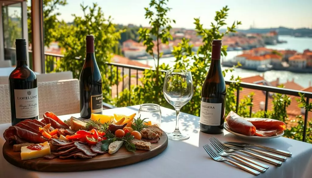 A sun-drenched restaurant terrace in Lisbon, where bottles of fine Portuguese wine stand alongside a sumptuous spread of local delicacies. In the foreground, a perfectly arranged charcuterie board showcases cured meats, artisanal cheeses, and vibrant produce. The middle ground features a crisp white tablecloth, delicate glassware, and burnished silverware, hinting at the refined yet relaxed ambiance. In the background, a panoramic view of the sparkling Tagus River and the city's iconic red-tiled roofs create a sense of harmonious balance between the culinary and the scenic. Warm lighting filters through the lush greenery, casting a golden glow over the scene and evoking the convivial spirit of Lisbon's celebrated food and wine culture.