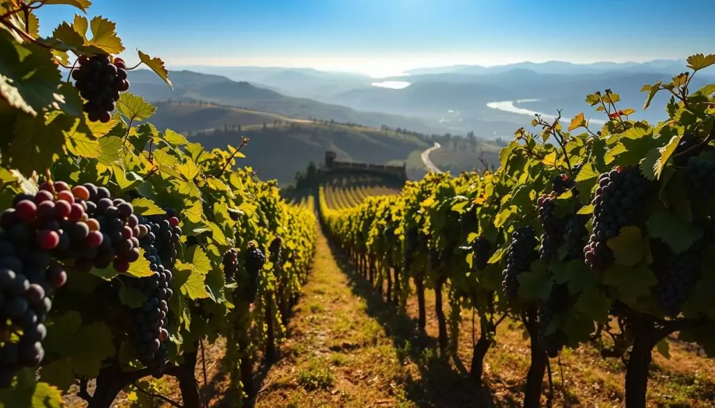 A sunlit vineyard in the Douro Valley, Portugal, with lush rows of grapevines. In the foreground, a variety of grape clusters - deep purple Touriga Nacional, golden Fernão Pires, and vibrant green Alvarinho. In the middle ground, a stone wall winds through the landscape, adorned with trailing vines. The background showcases rolling hills, a hazy blue sky, and the distant outline of the Douro River. Warm, golden light filters through the scene, casting a magical glow. The overall atmosphere evokes the rich winemaking heritage and natural beauty of this renowned wine region.