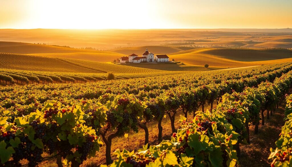 A sweeping landscape of the Alentejo region, bathed in warm, golden light. In the foreground, a vibrant array of grape varieties - deep purple Touriga Nacional, lush green Antão Vaz, and the russet hues of Alicante Bouschet. Their vines twist and twine, creating a captivating tapestry across the gently rolling hills. In the middle ground, traditional whitewashed wine cellars and tasting rooms dot the horizon, their terracotta roofs reflecting the sun's rays. Beyond, the vast, open skies of the Alentejo stretch out, a brilliant azure canvas that seems to stretch on forever. The scene conveys the essence of this unique winemaking region - the harmony of tradition and terroir, the boundless energy of the sun, and the deep, complex flavors that make Alentejo wines so exceptional.