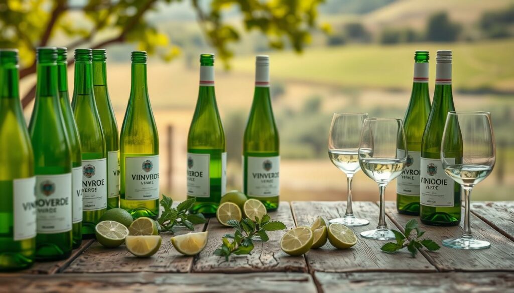 A vibrant still life capturing the essence of Vinho Verde, the crisp and refreshing white wines of northern Portugal. In the foreground, an array of slender green bottles with distinctive labels, their contents casting a soft, translucent glow. Surrounding them, a selection of fresh lime wedges, sprigs of mint, and delicate wine glasses, suggesting the effervescent and aromatic character of these wines. The middle ground features a rustic wooden table, its weathered surface providing a natural backdrop for the scene. In the distance, a hazy, sun-dappled landscape comes into view, hinting at the lush, verdant vineyards from which these wines originate. The overall composition evokes a sense of simplicity, sophistication, and the perfect balance of refreshing acidity and subtle complexity that defines the Vinho Verde style.