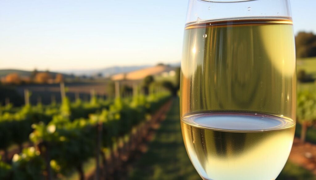 A crisp, clean glass of white wine set against a backdrop of lush vineyards and rolling hills. The wine's surface reflects the warm glow of the afternoon sun, casting a subtle shimmer across the liquid. Delicate bubbles rise to the surface, hinting at the wine's refreshing and slightly effervescent character. The glass is positioned prominently in the foreground, capturing the essence of the "Weingeschmack" - the unique flavor profile that distinguishes this particular vintage. In the middle ground, rows of grapevines stretch out, their leaves gently swaying in the breeze. The distant horizon is adorned with a mix of verdant foliage and the gentle slopes of the winemaking region. The overall scene conveys a sense of tranquility, inviting the viewer to savor the nuances of this captivating wine.