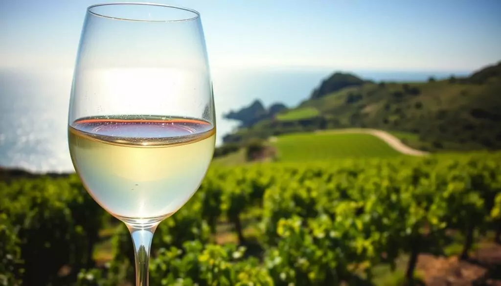 A crisp, fresh Sauvignon Blanc with vibrant aromas wafting in the coastal breeze. In the foreground, a glass of the wine, its pale golden hue catching the gentle light. Swirling the liquid releases a bouquet of citrus fruits, green herbs, and a hint of freshly cut grass. In the middle ground, a lush vineyard nestled among rolling hills, the vines bathed in warm sunlight. In the distance, the silhouette of a rocky coastline, the ocean glimmering under a clear, azure sky. The overall scene evokes a sense of tranquility and the rejuvenating power of nature's bounty.
