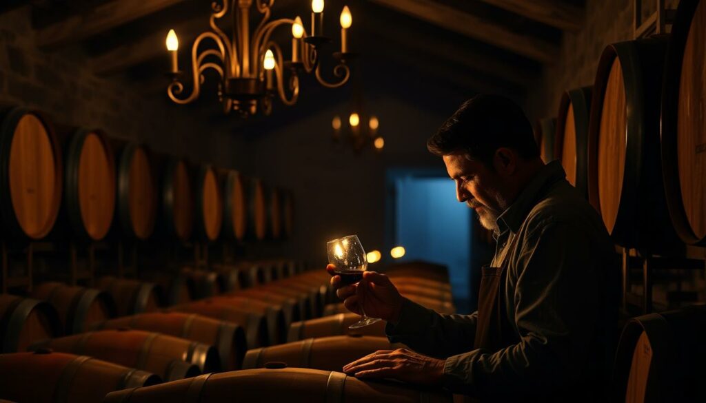 A dimly lit winery cellar, with rows of oak barrels lining the walls. Soft, warm lighting casts long shadows, creating a sense of depth and weight. In the foreground, a vintner carefully samples the contents of a barrel, their face illuminated by the flickering candlelight. Overhead, a wrought-iron chandelier casts a gentle glow, while the background is shrouded in mysterious shadows, hinting at the complexity of the wine-making process. The atmosphere is one of reverence and quiet contemplation, as the vintner meticulously evaluates the progress of the Cinsault, their movements measured and intentional.