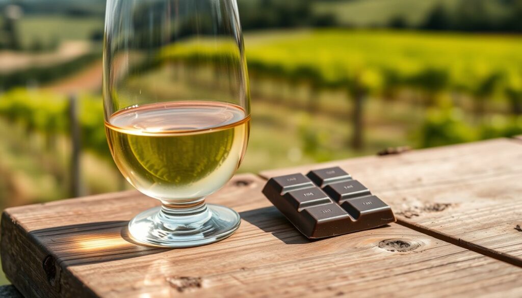 A glass of crisp, golden-hued Chardonnay resting alongside a decadent square of dark chocolate on a rustic wooden table. Soft, natural lighting casts a warm glow, highlighting the interplay of textures and flavors. In the background, a blurred landscape of rolling vineyards and lush greenery, hinting at the origins of this unexpected pairing. The scene exudes a sense of elegant simplicity, inviting the viewer to explore the unexpected harmony between the rich, velvety chocolate and the refreshing, subtly fruity white wine.