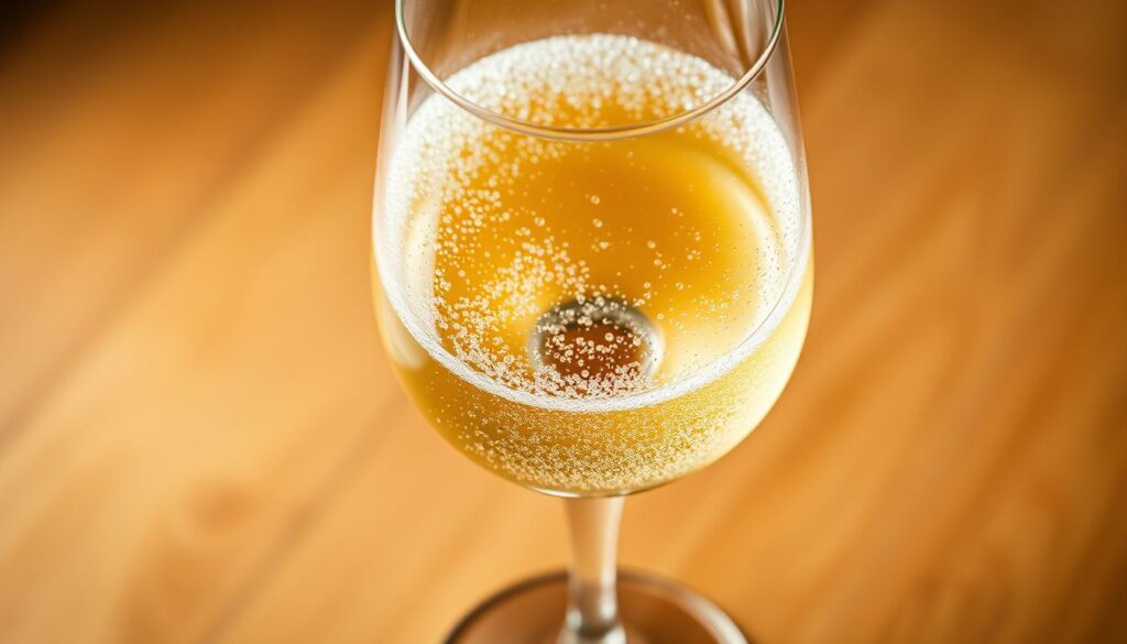 A glass of sparkling Schaumwein (German for "foam wine") rests on a smooth wooden surface, its surface shimmering with a delicate effervescence. Tiny, uniform bubbles dance and rise, creating a mesmerizing perlage effect. The liquid has a pale golden hue, reflecting the warm lighting that casts a soft, ambient glow. The glass features a slender, tapered stem, giving it an elegant silhouette. The setting evokes a refined, sophisticated ambiance, perfectly suited to showcase the quality and craftsmanship of this traditional German sparkling wine.