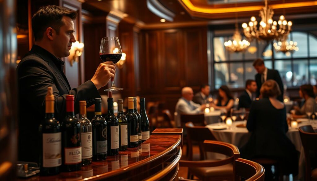 A high-end restaurant interior, dimly lit with warm, golden lighting. In the foreground, a sommelier stands behind a polished, mahogany wine bar, expertly swirling a glass of red wine, evaluating its aroma and color. The middle ground features a selection of premium wine bottles, their labels prominently displayed. In the background, elegant diners converse at candlelit tables, enjoying the sommelier's wine pairings. The atmosphere is one of sophistication, knowledge, and a deep appreciation for the art of winemaking and service.