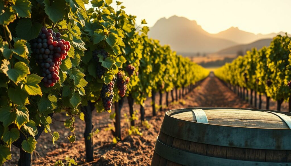 A lush, sun-dappled vineyard in the heart of South Africa's renowned Winelands, verdant foliage and ripe, plump Cinsault grapes clinging to gently sloping vines. In the foreground, a weathered wooden wine barrel rests on the earthy soil, its rustic texture and warm tones complementing the vibrant hues of the vineyard. The background features a picturesque mountain range, its peaks bathed in a soft, golden light that casts a serene, idyllic atmosphere over the entire scene. The composition is framed by a shallow depth of field, keeping the focus on the captivating details of the Cinsault grapes and the winemaking elements, inviting the viewer to immerse themselves in the story of this underappreciated varietal's success in the South African terroir.
