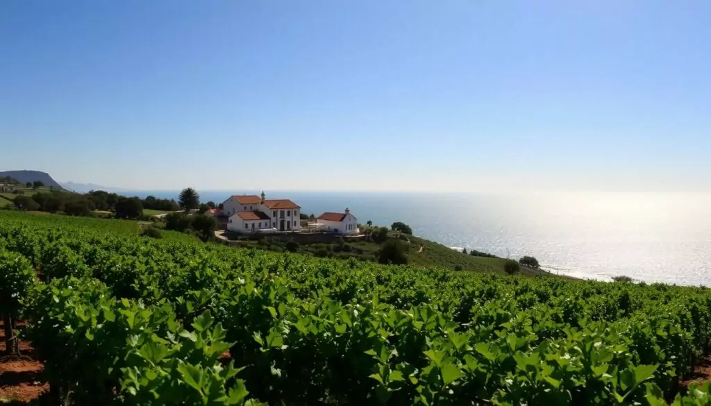 A picturesque landscape of Weingüter (vineyards) nestled along the stunning Cape South Coast, bathed in the warm glow of the afternoon sun. In the foreground, rows of lush, verdant vines stretch out, their leaves gently swaying in the coastal breeze. The middle ground features the charming, historic wine estates, their whitewashed walls and terracotta roofs contrasting with the deep green foliage. In the distance, the vast, sparkling expanse of the ocean meets the horizon, its azure hues mirrored in the clear sky above. The scene evokes a sense of tranquility and an appreciation for the harmonious blend of land, sea, and the art of winemaking that defines this enchanting region. A picturesque landscape of Weingüter (vineyards) nestled along the stunning Cape South Coast, bathed in the warm glow of the afternoon sun. In the foreground, rows of lush, verdant vines stretch out, their leaves gently swaying in the coastal breeze. The middle ground features the charming, historic wine estates, their whitewashed walls and terracotta roofs contrasting with the deep green foliage. In the distance, the vast, sparkling expanse of the ocean meets the horizon, its azure hues mirrored in the clear sky above. The scene evokes a sense of tranquility and an appreciation for the harmonious blend of land, sea, and the art of winemaking that defines this enchanting region.
