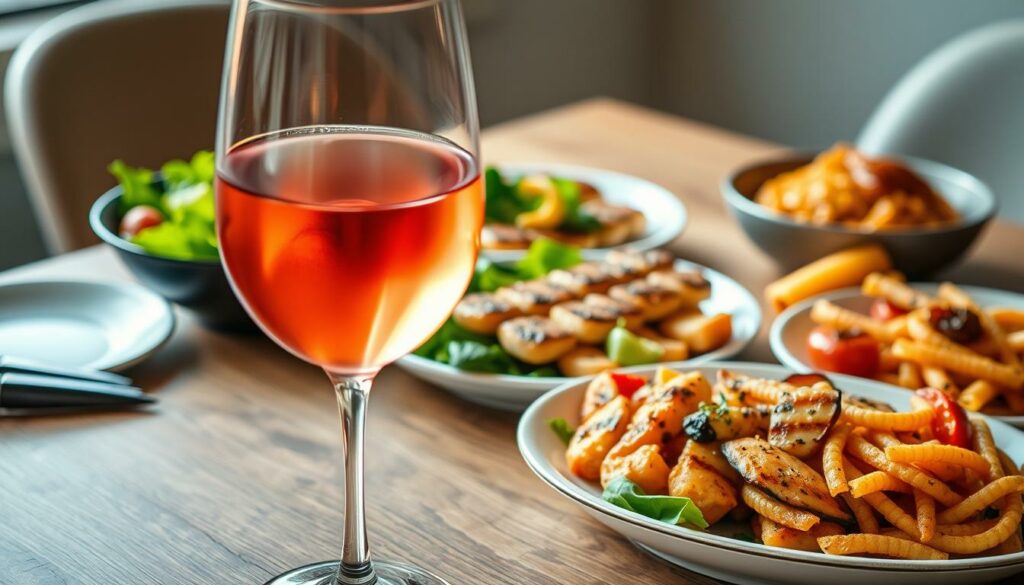 A sumptuous table setting with a central focus on a glass of vibrant rosé wine, accompanied by an array of complementary dishes. The foreground features the wine glass, with the rosy hue of the wine casting a warm glow. In the middle ground, an assortment of delectable dishes - a fresh salad, grilled seafood, and a hearty pasta dish - each carefully chosen to harmonize with the flavor profile of the rosé. The background is slightly blurred, creating a sense of depth and emphasizing the star of the scene - the rosé wine and its versatile food pairings. The lighting is soft and natural, creating a cozy and inviting atmosphere, perfect for enjoying a leisurely meal and the nuanced flavors of the rosé.