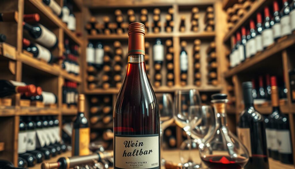 A well-stocked wine cellar, bottles of various vintages neatly arranged on rustic wooden shelves. A single open bottle stands in the foreground, caught in a warm, golden light that enhances its deep, ruby hue. The bottle's label is prominently displayed, the text "Wein haltbar" clearly visible. Surrounding the bottle, an assortment of wine-making tools and accessories, such as a corkscrew, wine glasses, and a decanter, create a sense of purpose and attention to detail. The background is softly blurred, suggesting a cozy, intimate setting, perfect for savoring the nuances of the opened wine.