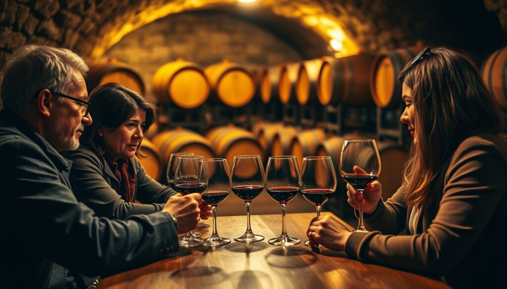 An intimate wine tasting session in a cozy, dimly lit wine cellar. The focal point is a group of four people seated around a wooden table, critically examining the contents of their wine glasses. Their expressions range from pensive contemplation to enthusiastic discussion, capturing the nuanced experience of evaluating the wine's aroma, flavor, and overall quality. In the background, rows of oak barrels line the stone walls, casting warm, golden light across the scene. The image evokes a sense of expertise, connoisseurship, and the shared joy of exploring the complexities of wine.