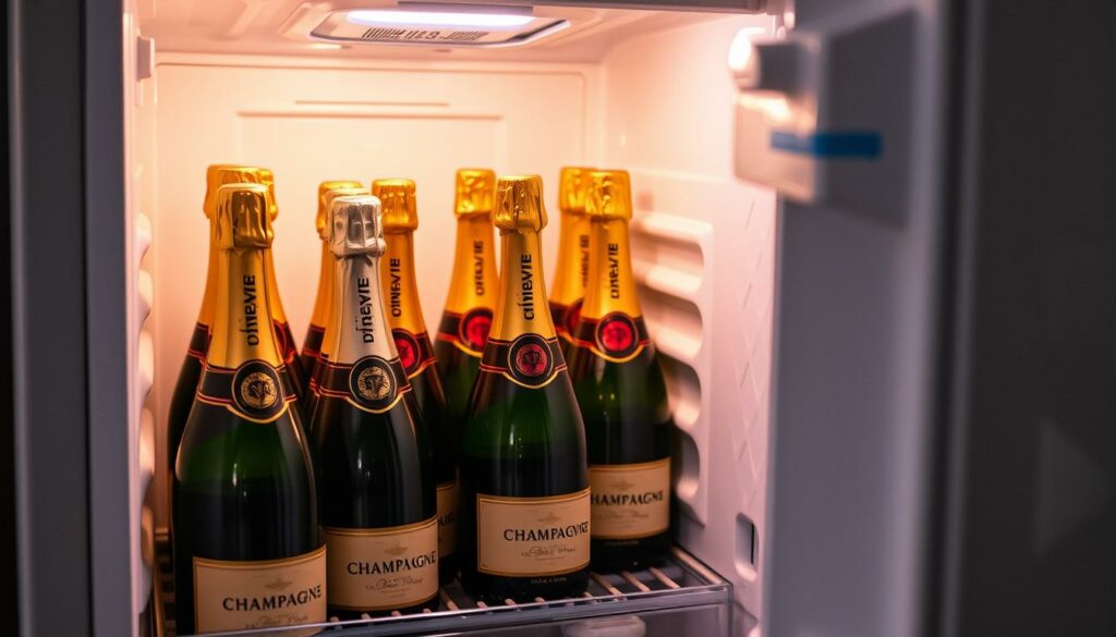 Ein Bild von Champagnerflaschen in einem Kühlschrank.