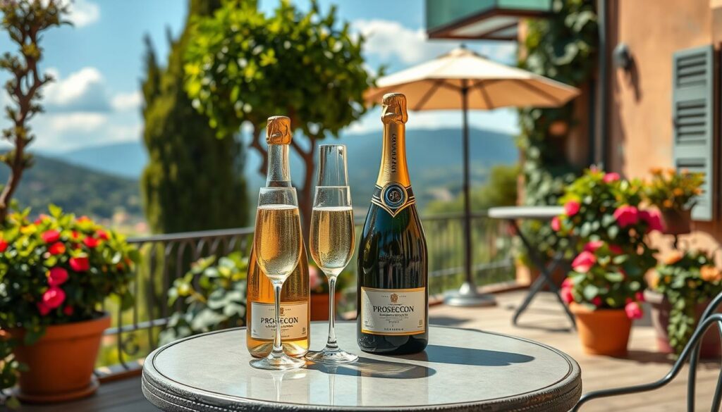 Ein Bild von Prosecco-Flaschen auf einer italienischen Terrasse.
