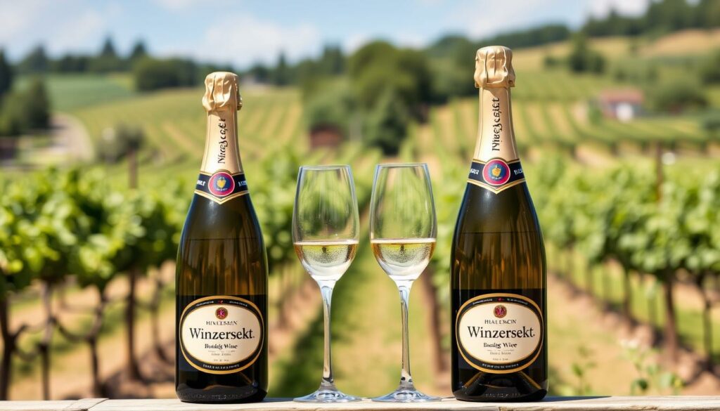 Ein Bild von einer deutschen Weingut-Terrasse mit Winzersekt-Flaschen.