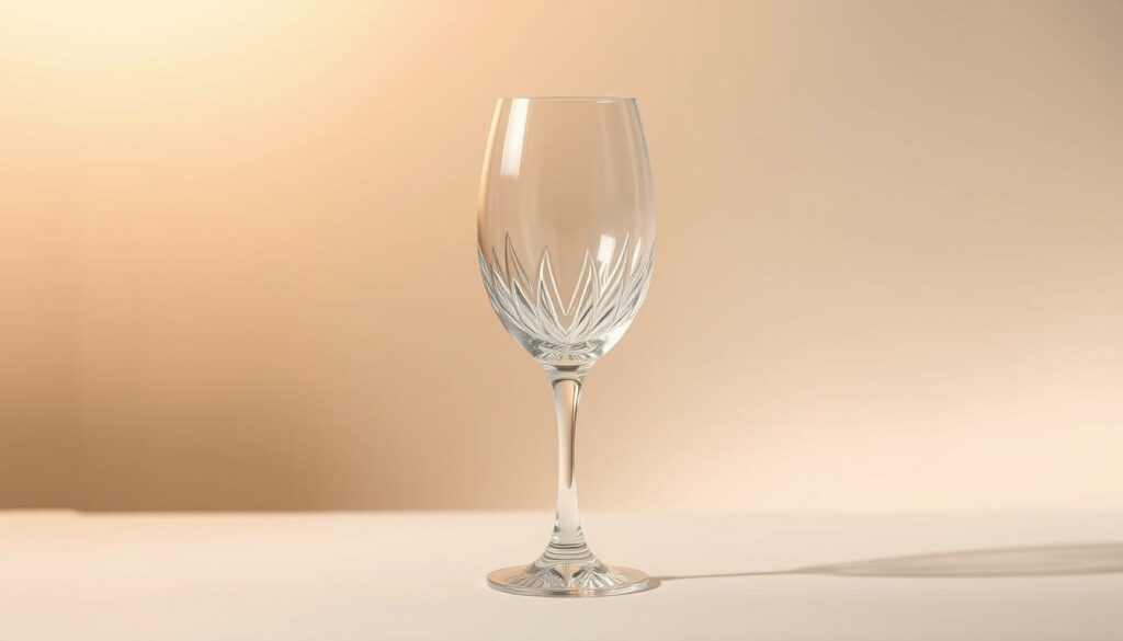 High-quality crystal wine glass with an elegant, long-stemmed design, showcasing the harmonious curves and intricate detailing that distinguish premium glassware. Soft, warm lighting gently illuminates the transparent vessel, highlighting the clarity and reflection of the glass. Set against a neutral, minimalist background to emphasize the glass's timeless sophistication. Capture the essence of a refined, luxurious wine-tasting experience, evoking a sense of refinement and attention to detail.