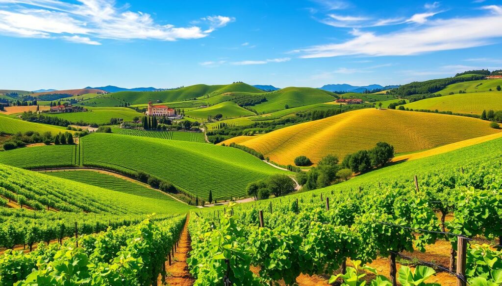 Image generation prompt: A vibrant Mediterranean landscape with vineyards in Italy or Spain.