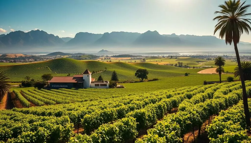 Sprawling vineyards with rolling hills, nestled against a backdrop of majestic mountains. Rows of lush, green vines stretching out as far as the eye can see, basking in the warm, coastal breeze. Rustic, whitewashed winery buildings and picturesque tasting rooms, framed by towering palm trees and lush, indigenous flora. Sunlight dapples the scene, casting a warm, golden glow over the picturesque landscape. A serene, tranquil atmosphere pervades, evoking the essence of South Africa's renowned wine country. A wide, establishing shot captured with a wide-angle lens, showcasing the harmony of nature and human viticulture.