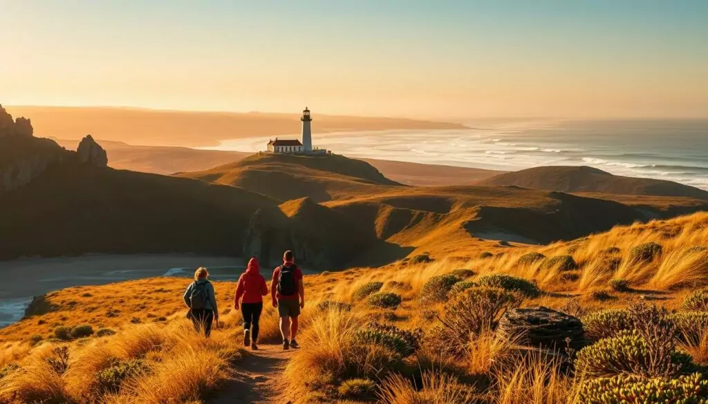 Touristic Highlights Cape South Coast: A breathtaking coastal landscape with rugged cliffs, pristine beaches, and swaying dunes. In the foreground, a group of hikers explores a meandering trail, their silhouettes silhouetted against the golden sunset. The middle ground features a historic lighthouse standing tall and proud, its beacon guiding ships through the turbulent waters. In the background, rolling hills dotted with indigenous flora create a serene, natural backdrop, complemented by the distant crashing of waves. The scene is bathed in warm, golden light, evoking a sense of tranquility and adventure. Captured with a wide-angle lens, this image showcases the diverse natural wonders that await visitors to the Cape South Coast. Touristic Highlights Cape South Coast: A breathtaking coastal landscape with rugged cliffs, pristine beaches, and swaying dunes. In the foreground, a group of hikers explores a meandering trail, their silhouettes silhouetted against the golden sunset. The middle ground features a historic lighthouse standing tall and proud, its beacon guiding ships through the turbulent waters. In the background, rolling hills dotted with indigenous flora create a serene, natural backdrop, complemented by the distant crashing of waves. The scene is bathed in warm, golden light, evoking a sense of tranquility and adventure. Captured with a wide-angle lens, this image showcases the diverse natural wonders that await visitors to the Cape South Coast.