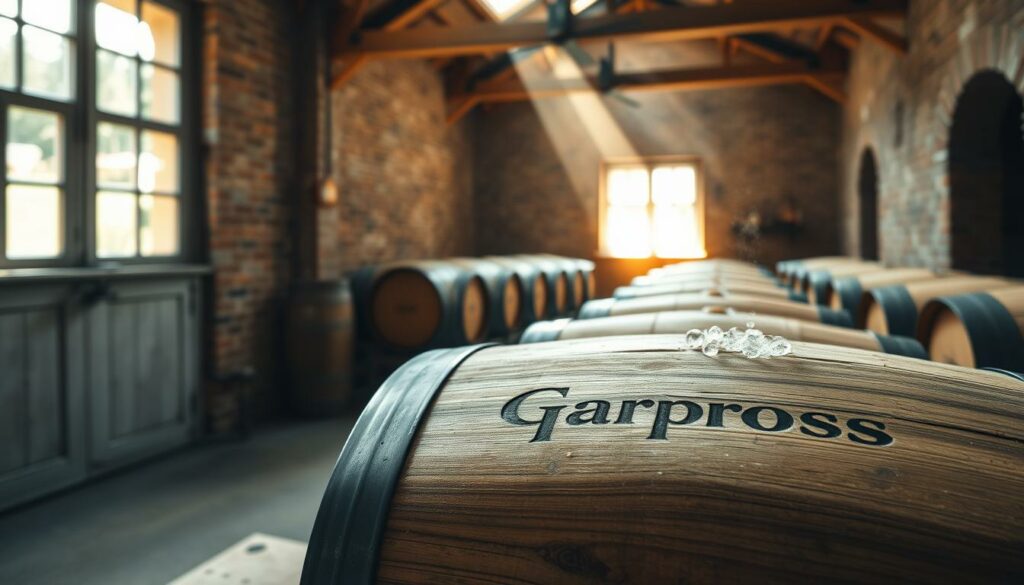 A cozy winery interior, with sunlight streaming in through large windows. In the foreground, a wooden barrel rests on a worn workbench, its surface embossed with the label "Gärprozess". The air is filled with the earthy aroma of fermentation, as bubbles gently rise to the surface of the wine inside the barrel. In the middle ground, a row of similar barrels line the wall, each at a different stage of the aging process. The background is softly lit, revealing the warm, rustic charm of the winery, with its exposed beams and weathered brick walls. The overall atmosphere conveys the artisanal nature of winemaking, the patience and care required for the "Gärprozess" - the heart of wine production.
