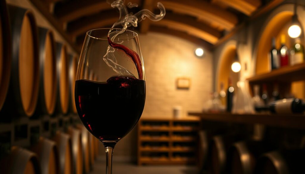 A dimly lit, cozy wine cellar with oak barrels lining the walls. In the foreground, a glass filled with a deep red wine, swirling gently. The aroma wafts upwards, revealing notes of ripe berries, vanilla, and a hint of oak. Soft, warm lighting casts a golden glow, creating an intimate atmosphere. In the background, various wine bottles and decanters sit on shelves, hinting at the variety of aromas and flavors to be explored. The scene evokes a sense of sophisticated enjoyment, inviting the viewer to savor the bouquet and appreciate the complexities of a well-crafted wine.