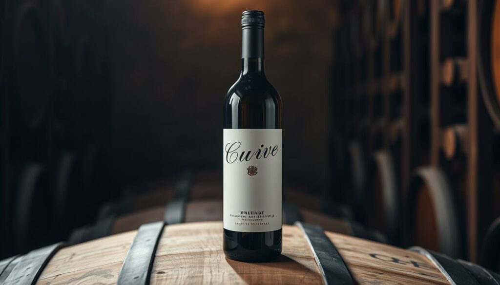 A sophisticated and elegant cuvée wine bottle, its label featuring a graceful, cursive script and a minimalist emblem, set against a backdrop of a dimly lit wine cellar. Soft, warm lighting gently illuminates the bottle, casting subtle shadows and highlighting the rich, deep hues of the wine within. The bottle is positioned on a wooden barrel, surrounded by the subtle textures of aged oak and the faint aroma of aging grapes. The overall scene conveys a sense of history, tradition, and the artistry of winemaking, inviting the viewer to appreciate the nuanced differences between a carefully blended cuvée and a single-varietal wine.