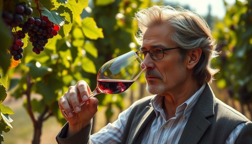 Generate an image of a wine critic tasting wine
