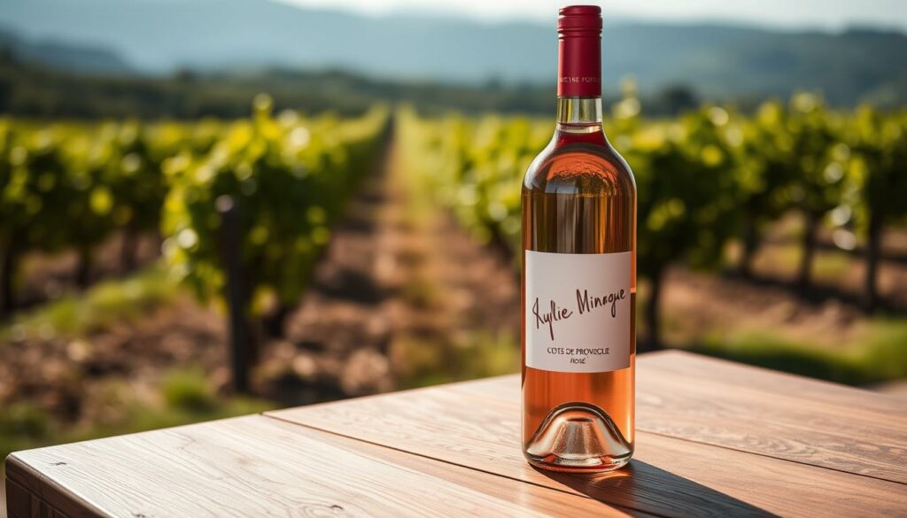 A beautiful bottle of Côtes de Provence Rosé, positioned elegantly on a wooden table. The wine label features Kylie Minogue's signature, a striking contrast against the pale pink hue of the contents. The bottle is illuminated by soft, natural lighting, casting gentle shadows and highlights that accentuate its curves. In the background, a lush, green vineyard stretches out, hinting at the wine's origins. The overall atmosphere is one of sophistication and refinement, reflecting Kylie Minogue's transition from pop star to wine icon.