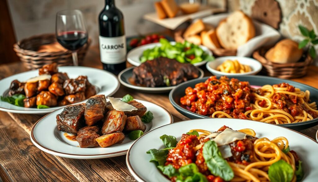 A beautifully arranged spread of classic Italian dishes, meticulously plated on a rustic wooden table. In the foreground, a selection of hearty, slow-cooked meats, perfectly paired with the bold, velvety flavors of Amarone. Nearby, a vibrant salad of fresh greens, tossed with balsamic vinaigrette and garnished with shaved Parmesan. In the middle ground, a plate of perfectly al dente pasta, tossed with a rich, red wine-infused sauce. In the background, a selection of crusty artisanal breads and a decanter of the deep, ruby-hued Amarone wine, casting a warm, inviting glow over the scene. The lighting is soft and natural, highlighting the textures and colors of the dishes, creating an atmosphere of rustic elegance and culinary delight.