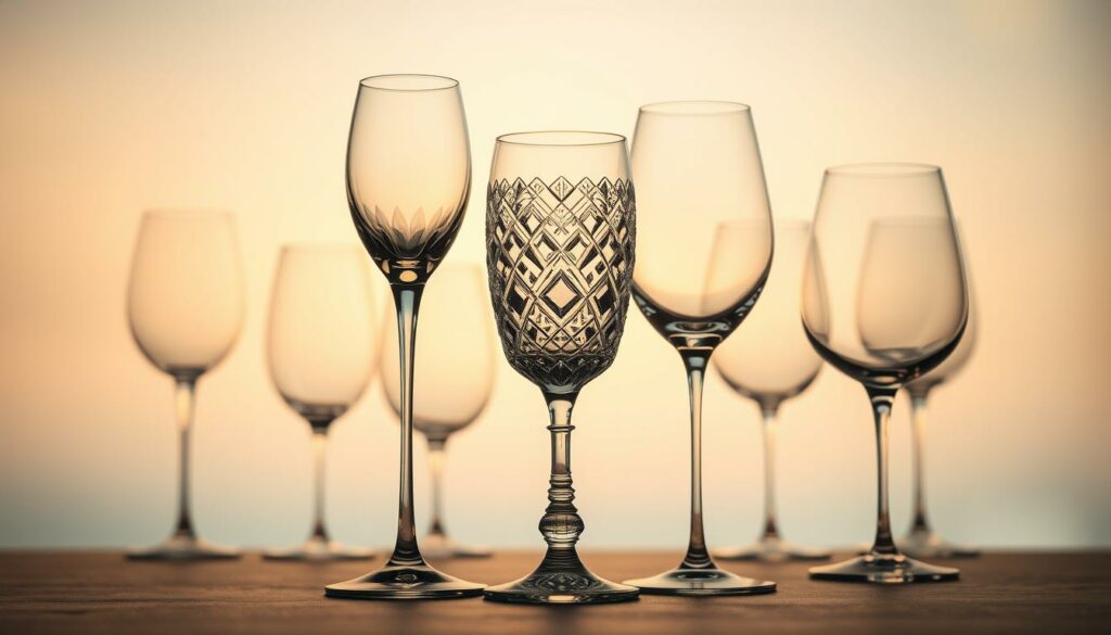 A comparison of wine glass materials, showcasing a visually striking arrangement of different glass types against a soft, diffused background. In the foreground, three wine glasses of varying shapes and sizes are positioned - one made of clear crystal, one of intricate cut glass, and one of simple, elegant blown glass. The middle ground features additional wine glass silhouettes, hinting at the diversity of materials and designs. The background is bathed in a warm, golden light, creating a sense of refined, sophisticated ambiance. The composition emphasizes the subtle differences in refractive qualities, weight, and visual appeal of each glass type, inviting the viewer to appreciate the nuances of wine glass craftsmanship.