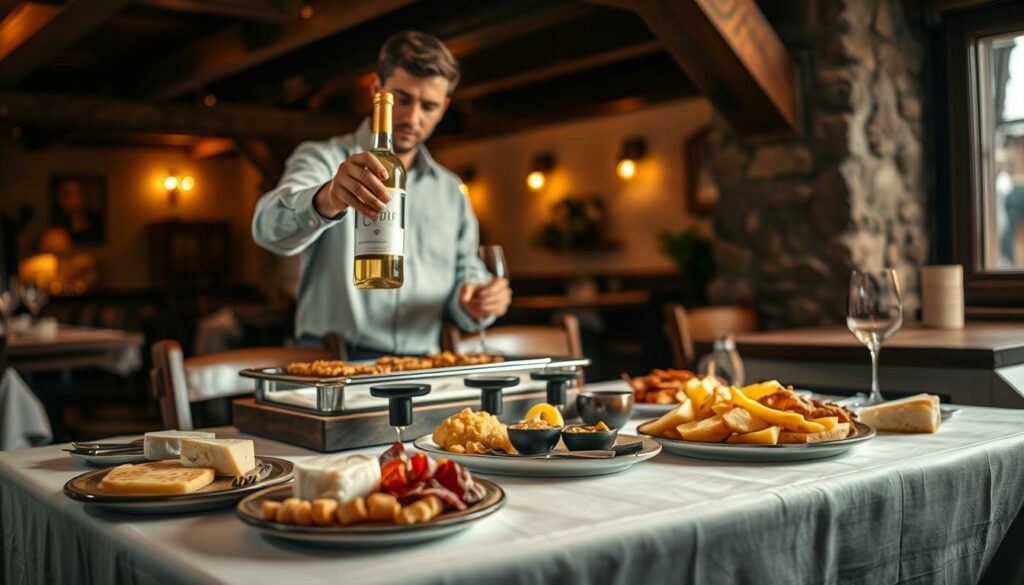 A cozy, dimly lit restaurant interior with a rustic, alpine-inspired ambiance. In the foreground, a wooden table is set with an elegant white tablecloth, accompanied by a selection of artisanal Raclette dishes, including melted cheese, charcuterie, and roasted potatoes. In the middle ground, a sommelier presents a bottle of crisp, golden Weißwein (white wine), pouring it into glasses. The background features warm, soft lighting, casting a gentle glow over the scene, and revealing glimpses of wooden beams and stone walls, creating a welcoming and inviting atmosphere perfect for a Raclette dining experience. A cozy, dimly lit restaurant interior with a rustic, alpine-inspired ambiance. In the foreground, a wooden table is set with an elegant white tablecloth, accompanied by a selection of artisanal Raclette dishes, including melted cheese, charcuterie, and roasted potatoes. In the middle ground, a sommelier presents a bottle of crisp, golden Weißwein (white wine), pouring it into glasses. The background features warm, soft lighting, casting a gentle glow over the scene, and revealing glimpses of wooden beams and stone walls, creating a welcoming and inviting atmosphere perfect for a Raclette dining experience.