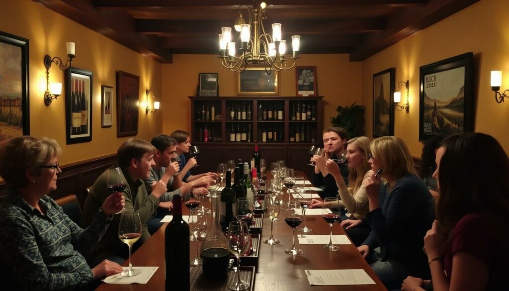A cozy, dimly lit wine tasting room. A long wooden table is set with a variety of wine glasses, decanters, and tasting notes. In the foreground, a group of people, beginners in wine tasting, are gathered around the table, swirling and sniffing their glasses, engaged in lively discussion. The walls are adorned with vintages and wine-related artwork, creating an inviting and educational atmosphere. Soft, warm lighting from wall sconces and a central chandelier casts a golden glow, setting the mood for an intimate, informative wine tasting experience.