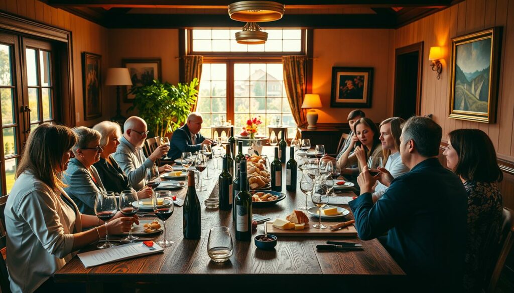 A cozy, well-lit room with a large wooden table set for a wine tasting event. The table is adorned with various wine glasses, decanters, and a selection of cheeses, breads, and other accompaniments. A group of people are gathered around the table, engaged in lively conversation and sampling the different wines. The room has warm, inviting lighting, with sunlight streaming in through large windows, casting a soft glow over the scene. A few potted plants and artwork on the walls add to the sophisticated, yet relaxed atmosphere. The overall impression is one of a carefully planned and executed wine tasting experience.