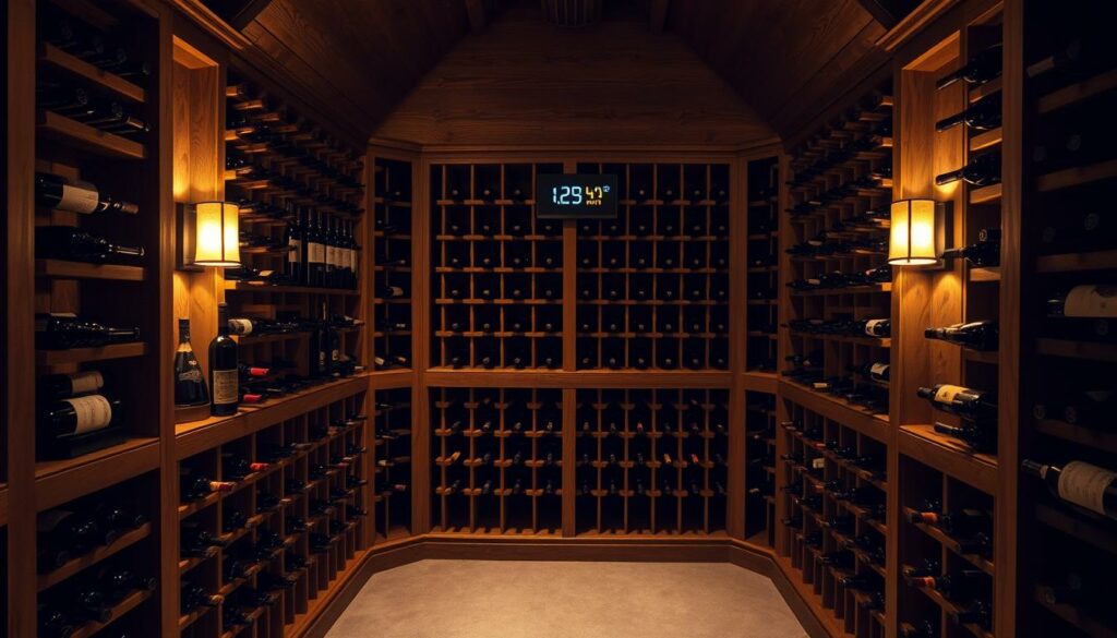 A cozy wine cellar with oak wine racks, dimly lit by warm, golden sconces. Bottles of red and white wine in various shapes and sizes line the shelves, their labels casting subtle shadows. The temperature is precisely controlled, with a digital thermometer and hygrometer mounted on the wall, displaying the ideal conditions for wine aging. The air has a subtle, earthy aroma, and the floor is covered in a soft, plush carpet to muffle any noise. The overall atmosphere is one of tranquility and reverence, a space dedicated to the art of wine preservation.