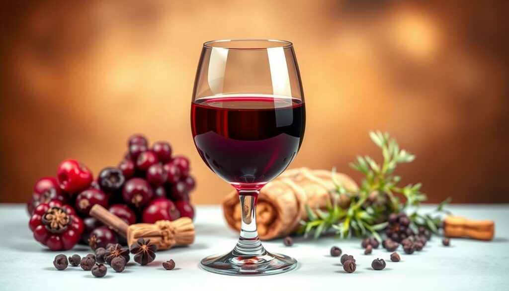 A detailed illustration of a vibrant Rotwein Aromenprofil, showcasing the rich, complex flavors and aromas of a fine red wine. The foreground features an elegant wine glass filled with a deep, ruby-hued liquid, surrounded by a selection of complementary ingredients that evoke the wine's profile - ripe dark berries, freshly cracked black pepper, a hint of toasted oak, and a sprig of fragrant herbs. The middle ground depicts a softly blurred background, creating a sense of depth and focus on the central wine glass. Warm, diffused lighting casts a subtle glow, enhancing the sensory experience. The overall composition conveys the sophistication and nuance of the Rotwein Aromenprofil, inviting the viewer to savor the wine's captivating aromas and flavors.