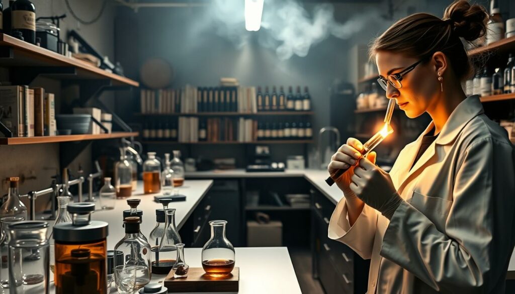 A dimly lit laboratory with various scientific instruments and glassware arranged neatly on pristine workbenches. In the foreground, a scientist in a white lab coat carefully examines the contents of a test tube, her face illuminated by the warm glow of a Bunsen burner. In the middle ground, shelves of reference books and bottles of wine and ingredients used in culinary experiments line the walls. The background is hazy, filled with the gentle hum of equipment and the faint scent of oak and spices, creating an atmosphere of thoughtful discovery and the interplay between science and gastronomy.