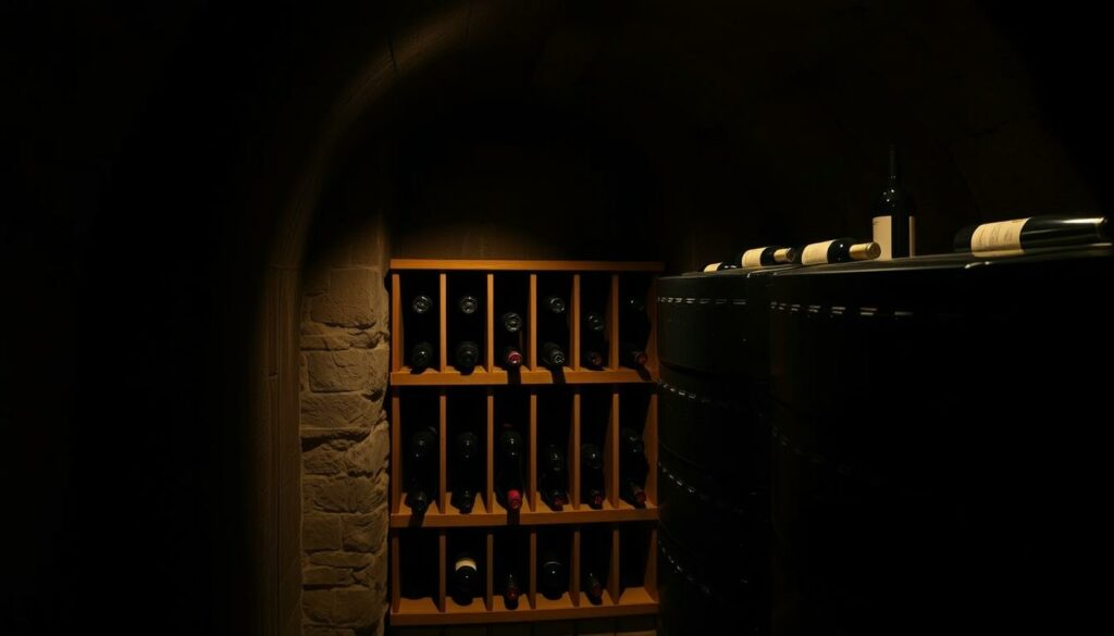 A dimly lit wine cellar, bottles carefully arranged on wooden shelves. Soft, warm lighting casts gentle shadows, shielding the precious contents from harsh glare. The walls are thick, dampening any tremors or vibrations that could disturb the delicate aging process. An atmosphere of tranquility and reverence envelops the scene, preserving the integrity of the wine within. A cozy nook where time seems to stand still, guarding the subtle complexities that will one day be savored.