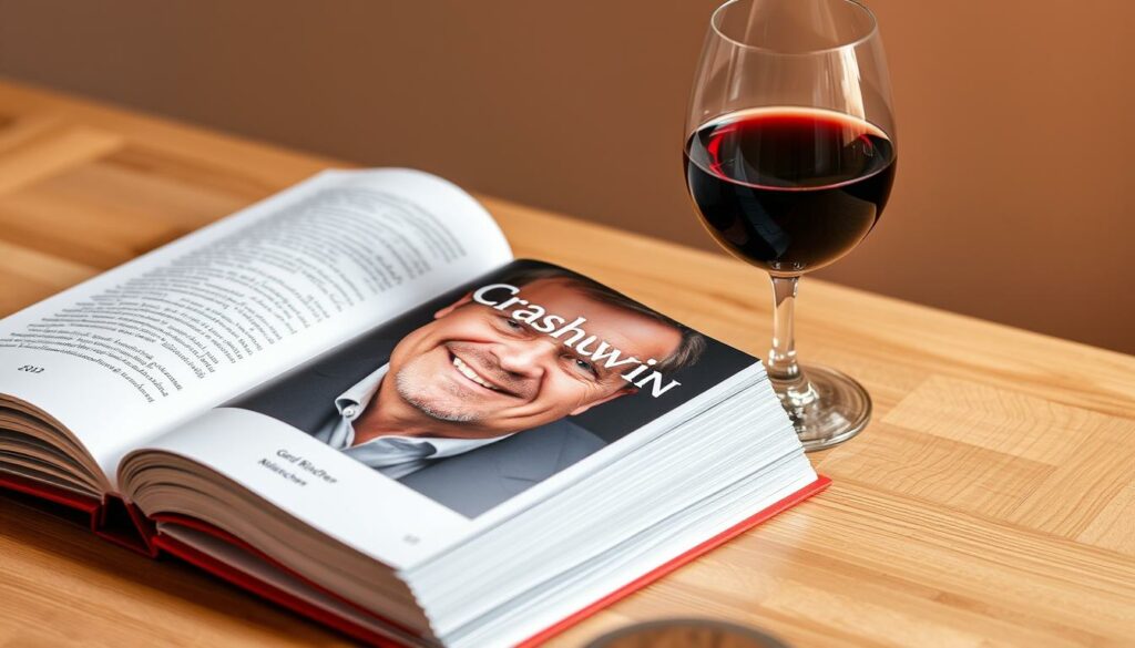 A hardcover book lies open on a wooden table, its pages revealing the title "Crashkurs Wein" in bold lettering. The book's cover features a close-up of a smiling man, his face slightly weathered, likely the author Gerd Rindchen. Beside the book, a glass of red wine stands, its deep burgundy hue reflecting the warm, golden lighting that bathes the scene. The background is a soft, neutral tone, allowing the book and wine to take center stage, conveying a sense of expertise, refinement, and the pleasures of wine appreciation.