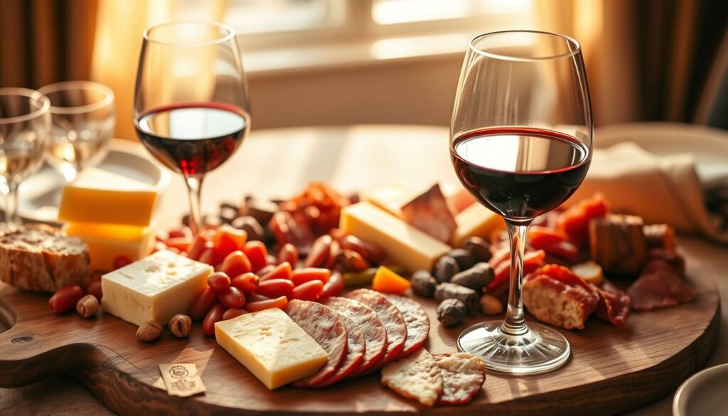 A lavish table setting featuring a charcuterie board of aged Raclette cheese, cured meats, and sliced baguette, surrounded by a full-bodied Cabernet Sauvignon in a classic crystal wine glass. The scene is bathed in warm, golden light, casting a cozy, inviting atmosphere. The arrangement is styled elegantly, highlighting the rich, earthy tones of the cheese and the deep, fruity notes of the wine. The overall composition evokes a sense of indulgence and the perfect pairing for a hearty, meat-focused Raclette feast. A lavish table setting featuring a charcuterie board of aged Raclette cheese, cured meats, and sliced baguette, surrounded by a full-bodied Cabernet Sauvignon in a classic crystal wine glass. The scene is bathed in warm, golden light, casting a cozy, inviting atmosphere. The arrangement is styled elegantly, highlighting the rich, earthy tones of the cheese and the deep, fruity notes of the wine. The overall composition evokes a sense of indulgence and the perfect pairing for a hearty, meat-focused Raclette feast.