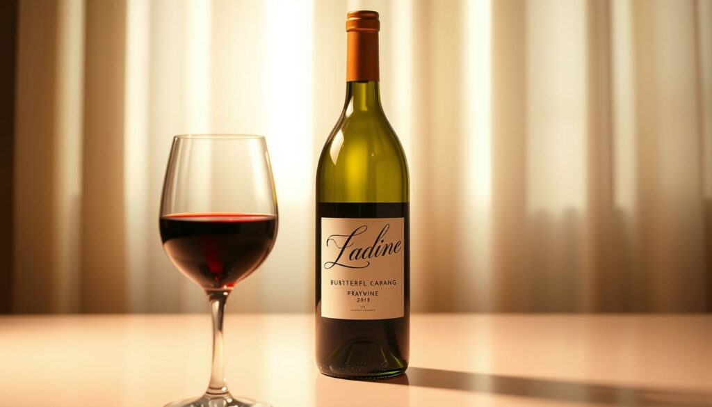 A luxurious, elegant wine bottle set against a backdrop of soft, warm lighting. The bottle features a sleek, minimalist design with a sophisticated label showcasing the wine's name in a flowing, cursive script. The glass reflects the light, creating a sparkling, almost crystalline effect. In the foreground, a single wine glass filled with the deep, rich liquid stands, its stem gently curving. The composition is balanced, with the wine bottle as the focal point, surrounded by a clean, uncluttered environment that exudes a sense of refinement and exclusivity. The overall mood is one of understated luxury, inviting the viewer to savor the quality and elegance of the wine.