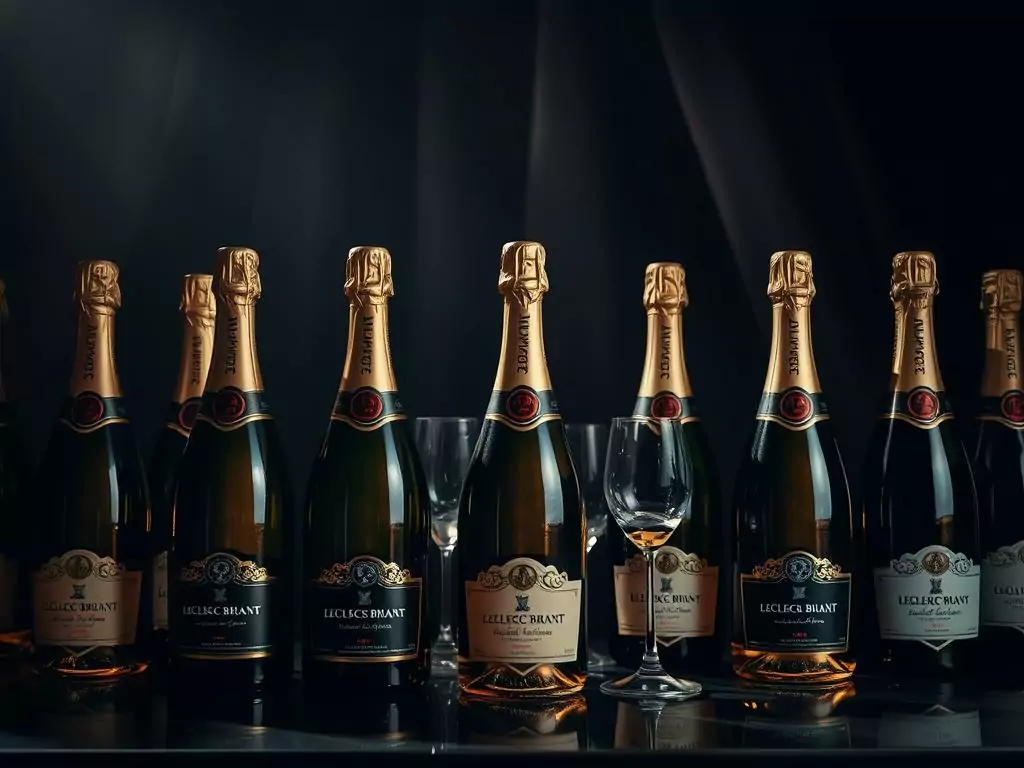 A meticulously crafted display of the Leclerc Briant Champagner Kollektion, showcasing a magnificent array of bottles in a dimly lit, atmospheric setting. The foreground features several champagne bottles, their labels illuminated by soft, warm lighting, casting a golden glow that highlights the intricate details and textures of the glass. In the middle ground, a selection of vintage-inspired glassware stands ready to complement the exquisite beverages. The background is shrouded in a moody, velvety darkness, drawing the viewer's attention to the centerpiece of the collection. The overall composition evokes a sense of elegance, exclusivity, and the rich heritage of the Leclerc Briant brand.