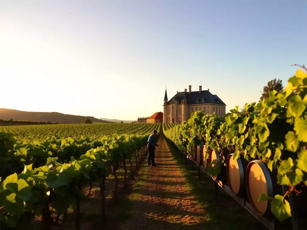 A picturesque vineyard nestled in the rolling hills of Bordeaux, France. In the foreground, lush rows of grapevines stretch out, their leaves glistening in the warm afternoon sun. Towering oak barrels line the middle ground, casting long shadows across the cobblestone paths. In the background, the iconic Château Cheval Blanc stands tall, its elegant facade bathed in a golden glow. The scene exudes a sense of tradition, precision, and unwavering dedication to winemaking excellence. A single worker, dressed in traditional garb, carefully tends to the vines, embodying the meticulous attention to detail that defines the pursuit of "Qualität im Weinbau" - quality in viticulture. A picturesque vineyard nestled in the rolling hills of Bordeaux, France. In the foreground, lush rows of grapevines stretch out, their leaves glistening in the warm afternoon sun. Towering oak barrels line the middle ground, casting long shadows across the cobblestone paths. In the background, the iconic Château Cheval Blanc stands tall, its elegant facade bathed in a golden glow. The scene exudes a sense of tradition, precision, and unwavering dedication to winemaking excellence. A single worker, dressed in traditional garb, carefully tends to the vines, embodying the meticulous attention to detail that defines the pursuit of "Qualität im Weinbau" - quality in viticulture.