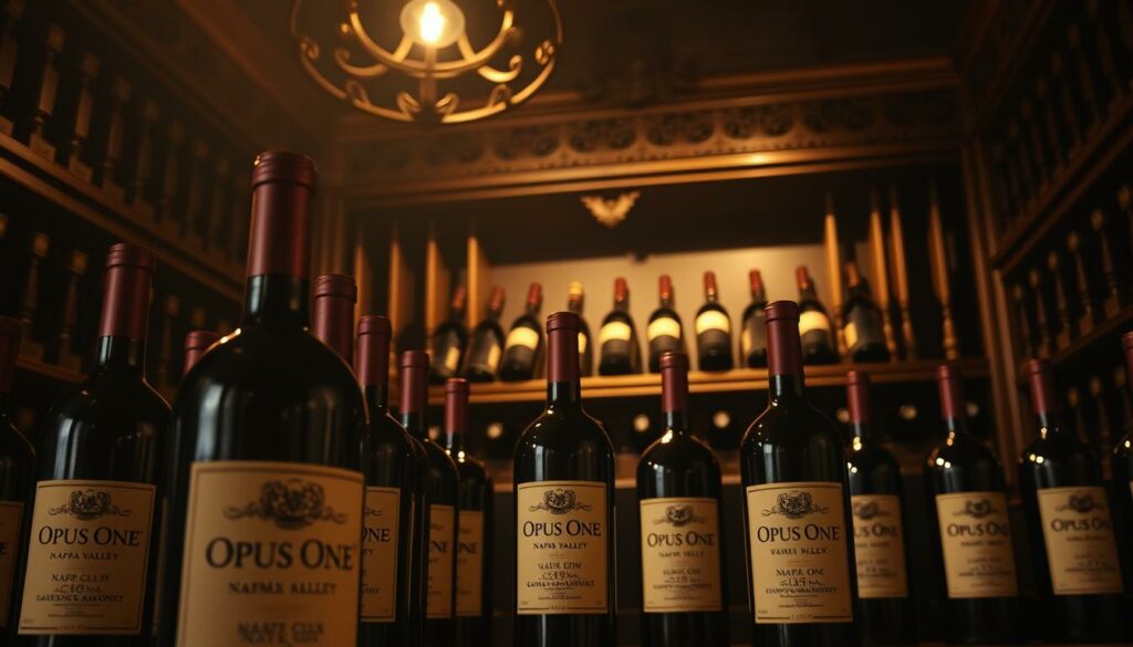 A refined, high-quality Cabernet Sauvignon from the prestigious Napa Valley, Opus One stands tall in a dimly lit wine cellar. Bottles in the foreground are adorned with the iconic Opus One label, reflecting the warm, golden light from the overhead fixtures. In the middle ground, additional rows of Opus One bottles sit on ornate wooden shelves, creating a sense of grandeur and exclusivity. The background is shrouded in shadows, emphasizing the spotlight on the exquisite wine. The scene conveys a mood of sophistication, elegance, and the pursuit of the finest winemaking.