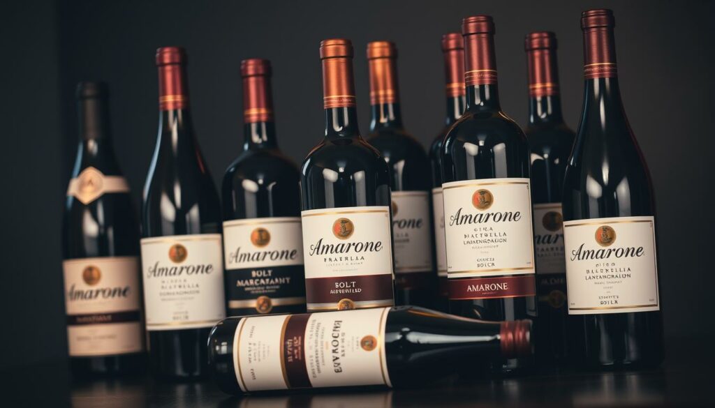 A selection of elegantly displayed Amarone wine bottles, resting on a dark, wooden surface. The bottles showcase the iconic, deep burgundy color of the Amarone wine, with their distinct labeling and branding prominently featured. The lighting is soft and warm, highlighting the rich hues and textures of the glass and labels. The composition is balanced, with the bottles arranged in a visually pleasing manner, creating a sense of high-quality and attention to detail. The overall mood is one of sophistication and premium quality, befitting the renowned Amarone wine.