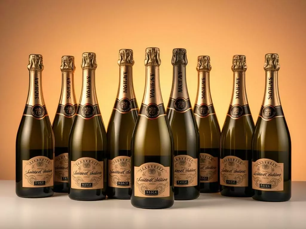 A sophisticated arrangement of limited edition champagne bottles, meticulously captured in a high-end product shot. The bottles gleam with a luxurious satin finish, their shapes elegantly tapered and their labels adorned with intricate patterns. Subtle backlighting casts a warm, ambient glow, highlighting the bottles' curves and casting soft shadows that add depth and dimension to the scene. The bottles are thoughtfully arranged on a clean, minimalist surface, allowing their exquisite design to take center stage. The overall mood is one of refined elegance and exclusivity, perfectly suited to showcase the discerning qualities of this premium champagne brand.