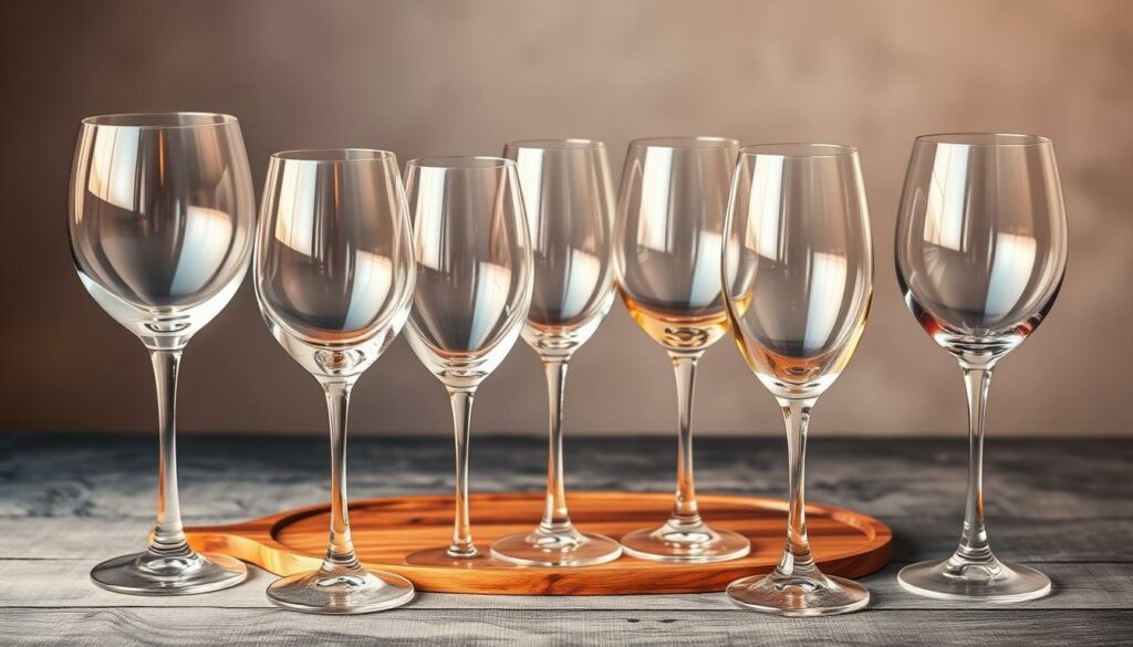 A sophisticated still life arrangement showcasing a variety of elegant wine glass types, illuminated by warm, soft lighting. In the foreground, a diverse selection of crystal stemware in diverse shapes and sizes - tulip, balloon, flute, and coupe - gently reflecting the light. In the middle ground, a wooden serving tray or table with a textured surface, providing a natural, rustic contrast. The background features a neutral, slightly blurred backdrop, allowing the glassware to take center stage. The overall mood is one of refinement, highlighting the nuanced differences between each wine glass design and its intended purpose.