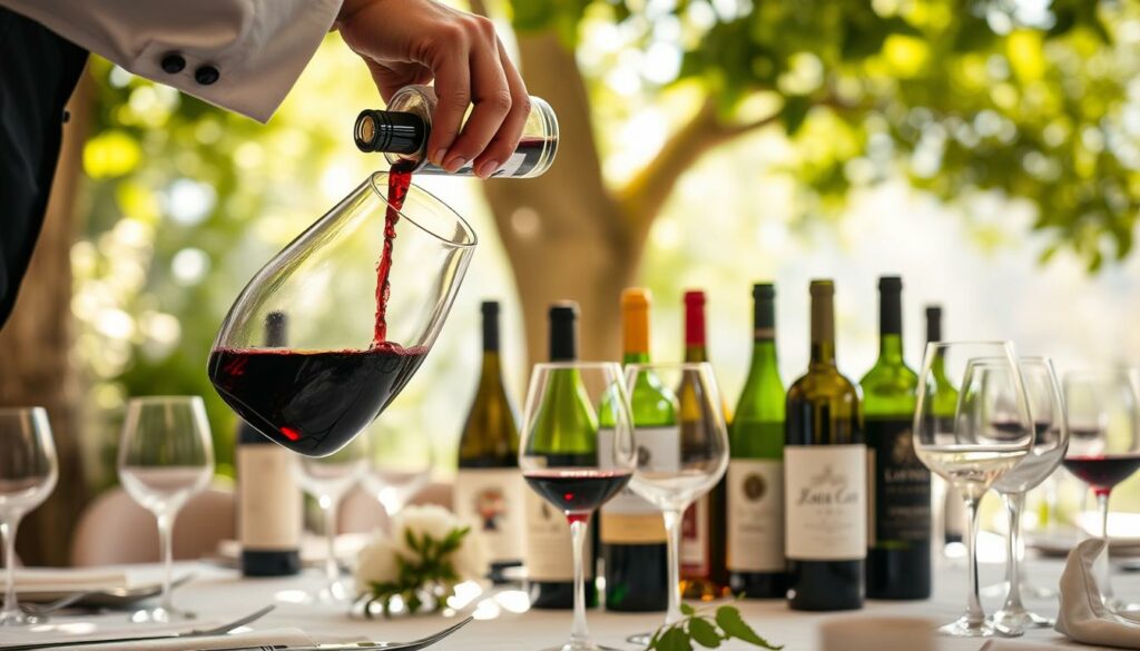 A sun-drenched table set for a wedding reception, adorned with a selection of wine bottles and glasses. In the foreground, a sommelier's hand carefully pours a deep red vintage into a crystal decanter, capturing the essence of the day's activities. The middle ground showcases an array of labels, each promising a unique flavor profile to complement the wedding feast. In the background, lush greenery and soft, diffused lighting create a serene, elegant atmosphere, inviting guests to savor the thoughtfully curated wine experience. A scene that embodies the perfect pairing of wine and the celebratory occasion.