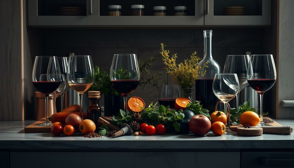 A tranquil, dimly lit kitchen countertop showcasing an assortment of wine glasses, a decanter, and a variety of fresh herbs, spices, and seasonal produce. The arrangement is meticulously composed, highlighting the interplay of colors, textures, and aromas. Soft, warm lighting casts a cozy glow, accentuating the depth and complexity of the scene. The viewer is invited to engage their senses, imagining the conscious awareness of the subtle yet captivating fragrances that fill the space, guiding the ultimate pairing of wine and cuisine.