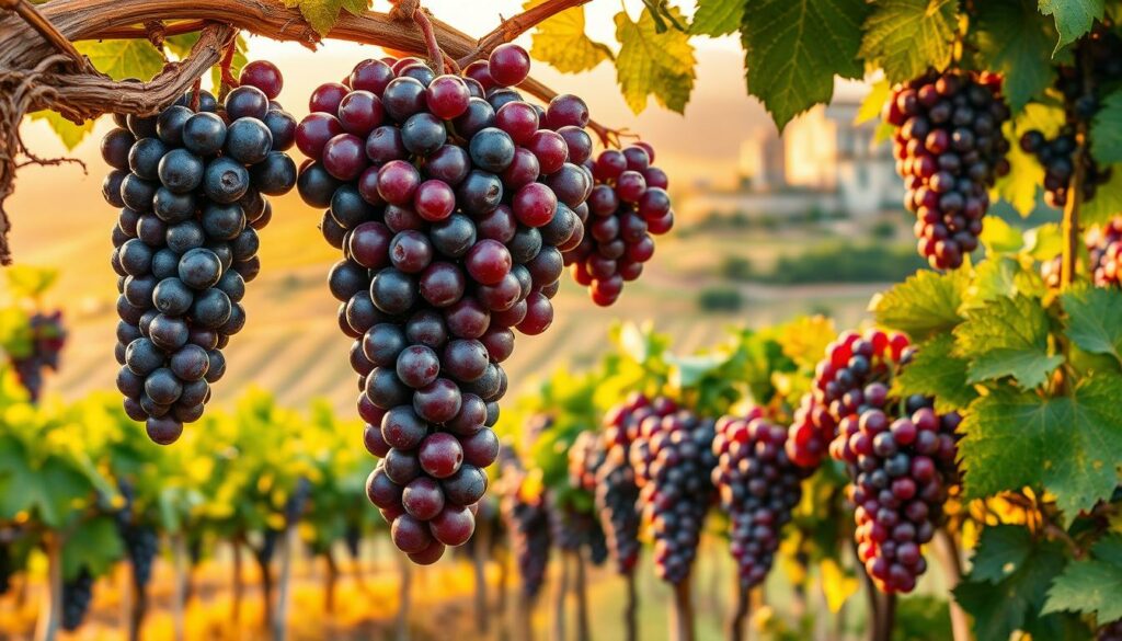 A vibrant and lush vinyard scene depicting the most important red wine grape varieties. In the foreground, clusters of ripe, glossy grapes in shades of deep purple, burgundy, and crimson hang from gnarled, weathered vines. The mid-ground features the individual grape varietals such as Cabernet Sauvignon, Merlot, Pinot Noir, and Syrah, each with its distinctive leaf shape and berry color. The background showcases a rolling hillside landscape bathed in warm, golden afternoon light, with a classic European-style stone winery building in the distance. The overall composition conveys the diversity, richness, and heritage of the world's premier red wine grape varieties.